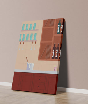 Interior de cocina moderna con gabinetes de madera y estantes de vidrio