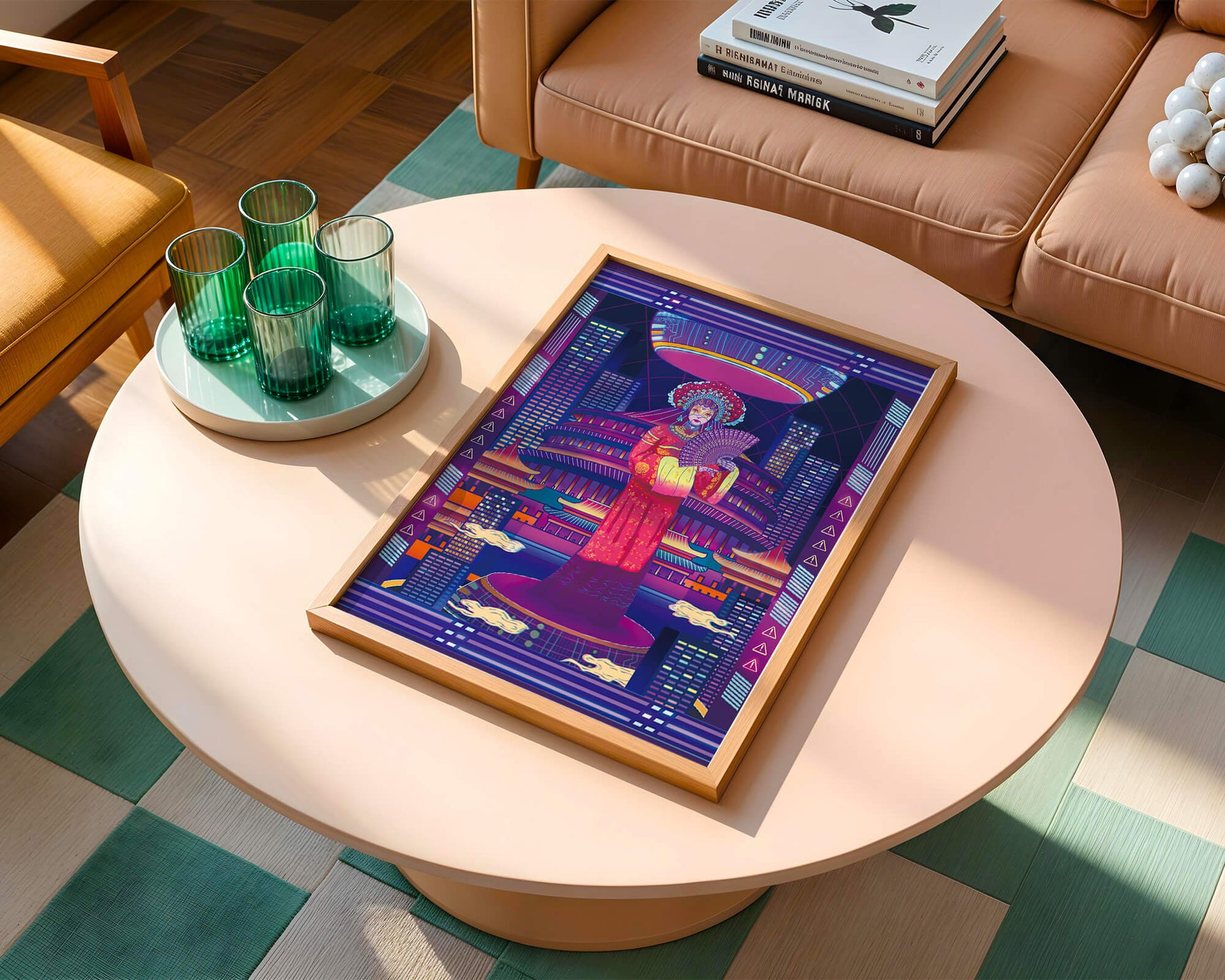 Futuristic Asian Inspired Artwork with Neon Colors and Geisha in Traditional Attire
