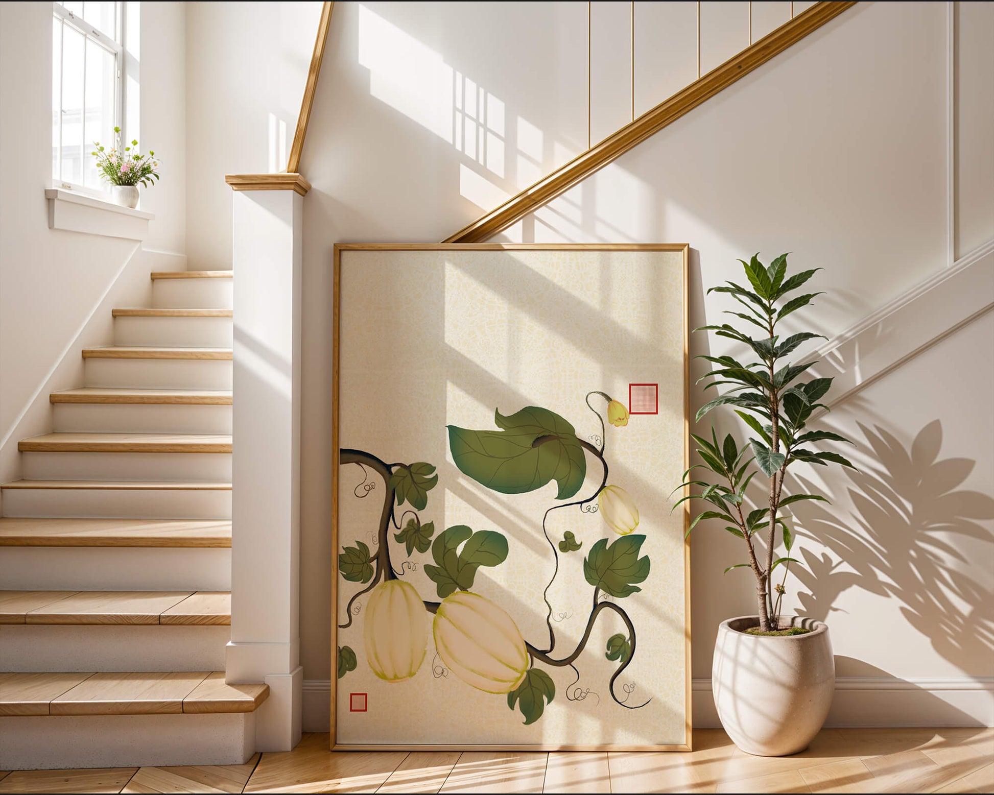 Illustration botanique élégante de melons et de vignes sur un fond texturé