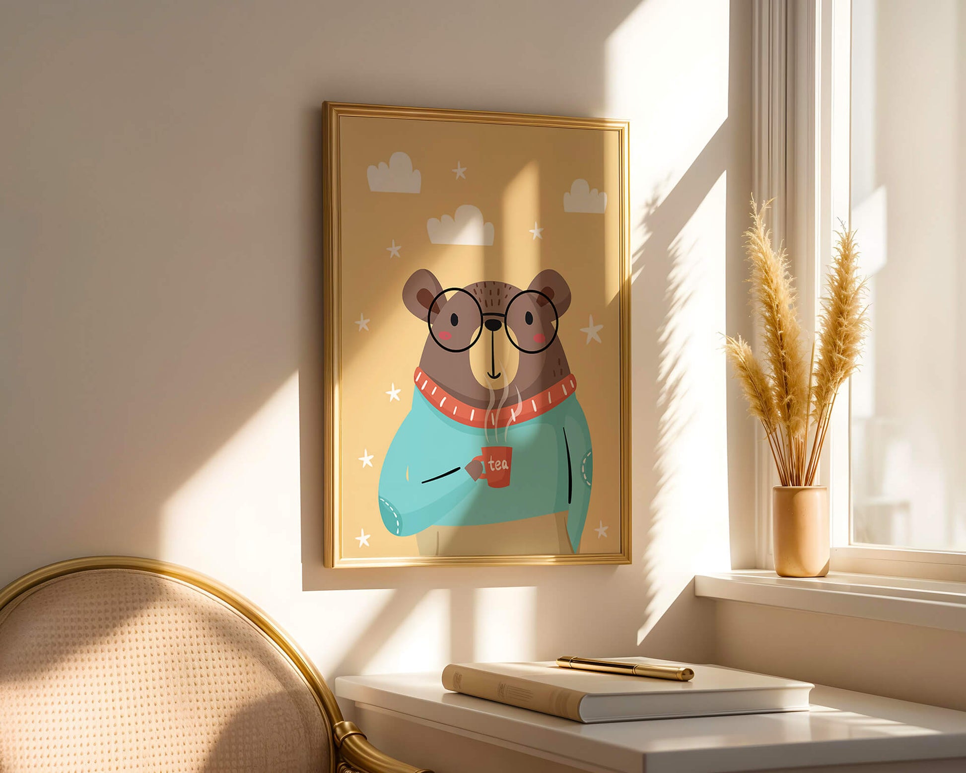 Illustration of a cozy bear enjoying tea with glasses