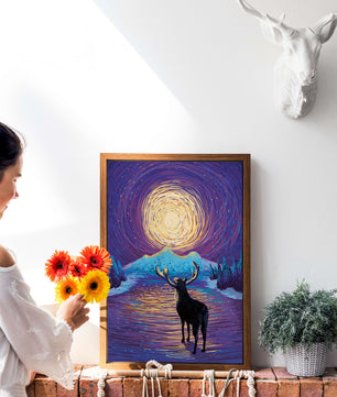 Moose Under Starry Night Sky with Radiant Moon