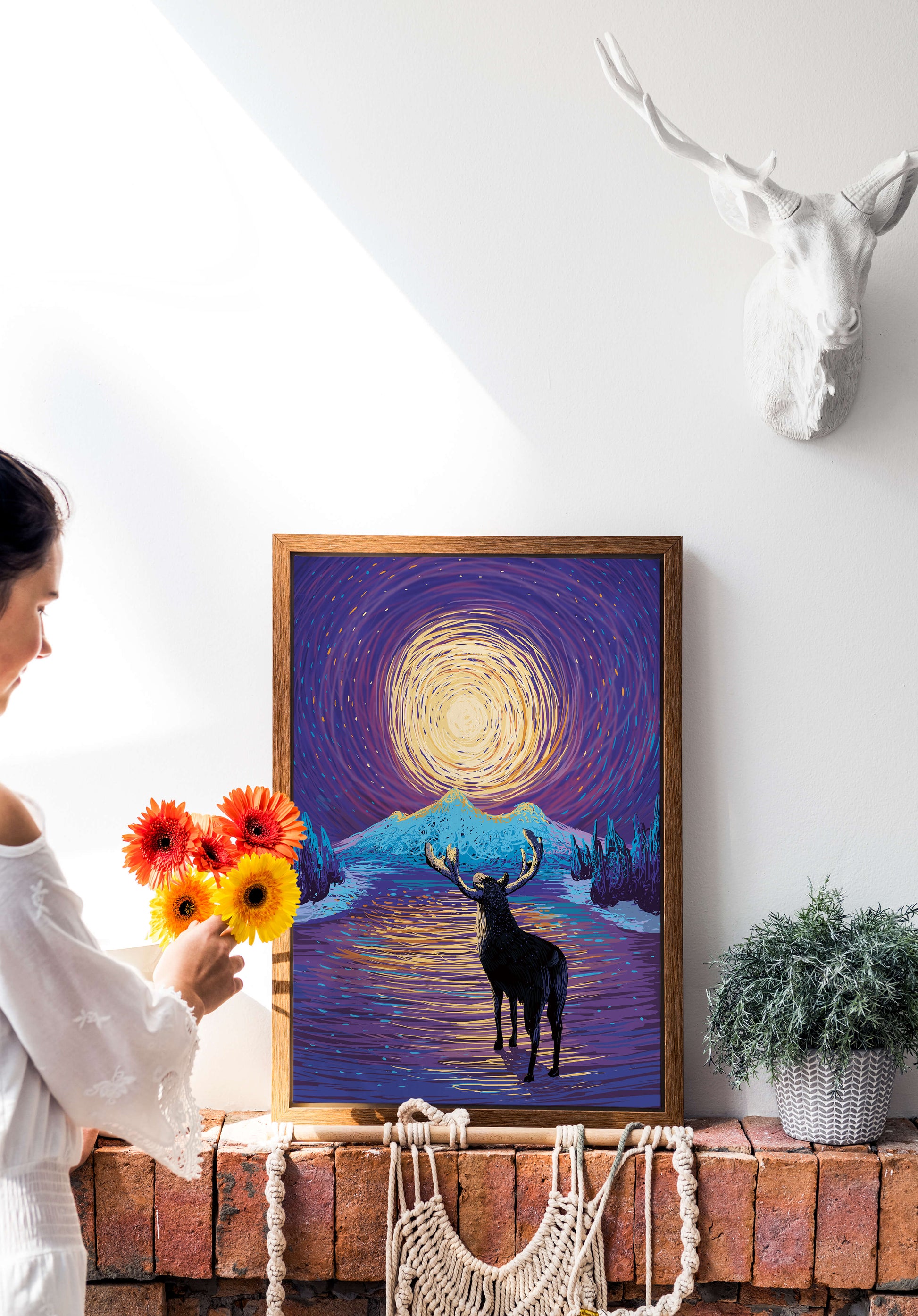 Moose Under Starry Night Sky with Radiant Moon