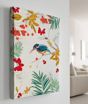Oiseaux et feuillages colorés dans un décor botanique tropical