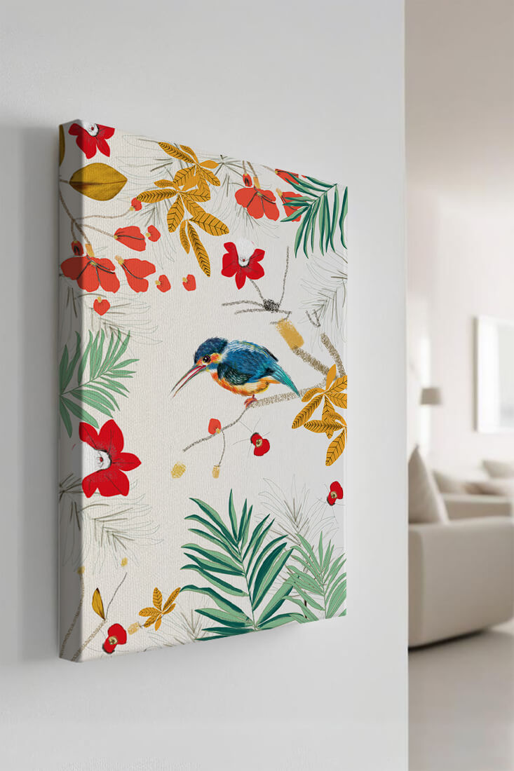 Oiseaux et feuillages colorés dans un décor botanique tropical