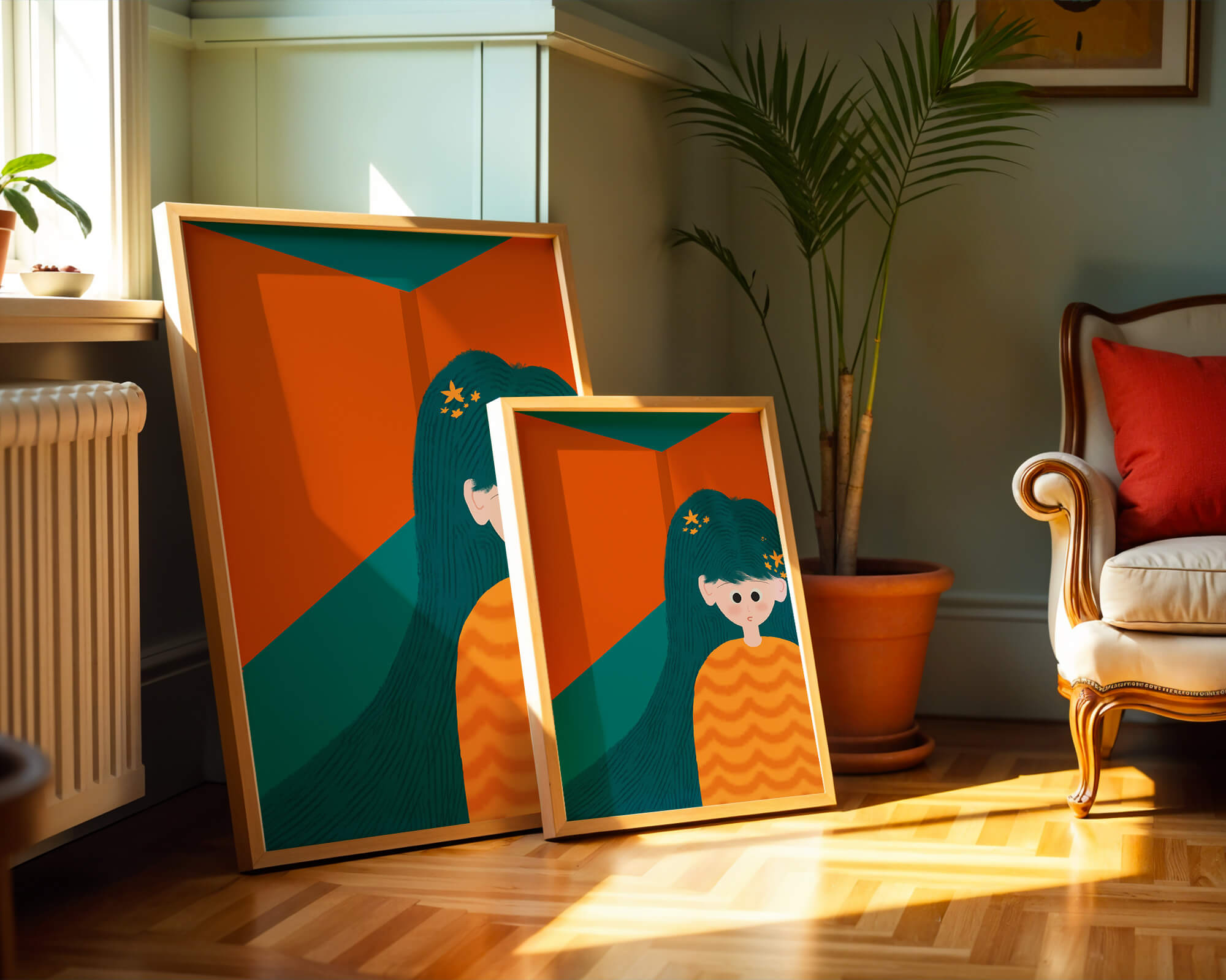 Colorful abstract illustration of a character with teal hair and orange background