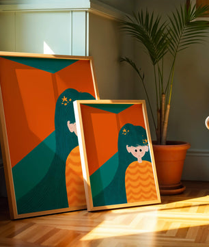 Colorful abstract illustration of a character with teal hair and orange background