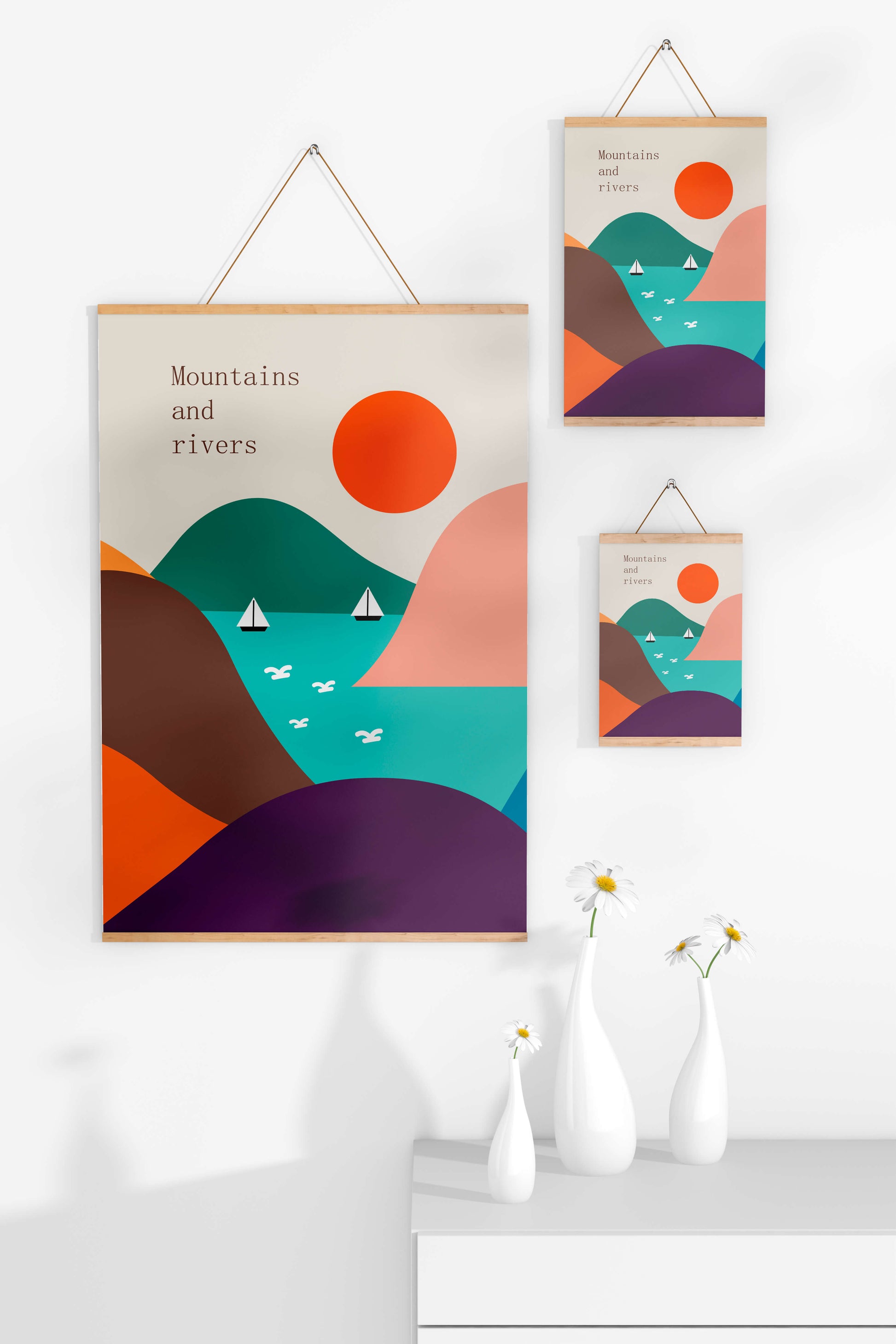 Abstract landscape with vibrant colors and geometric shapes
