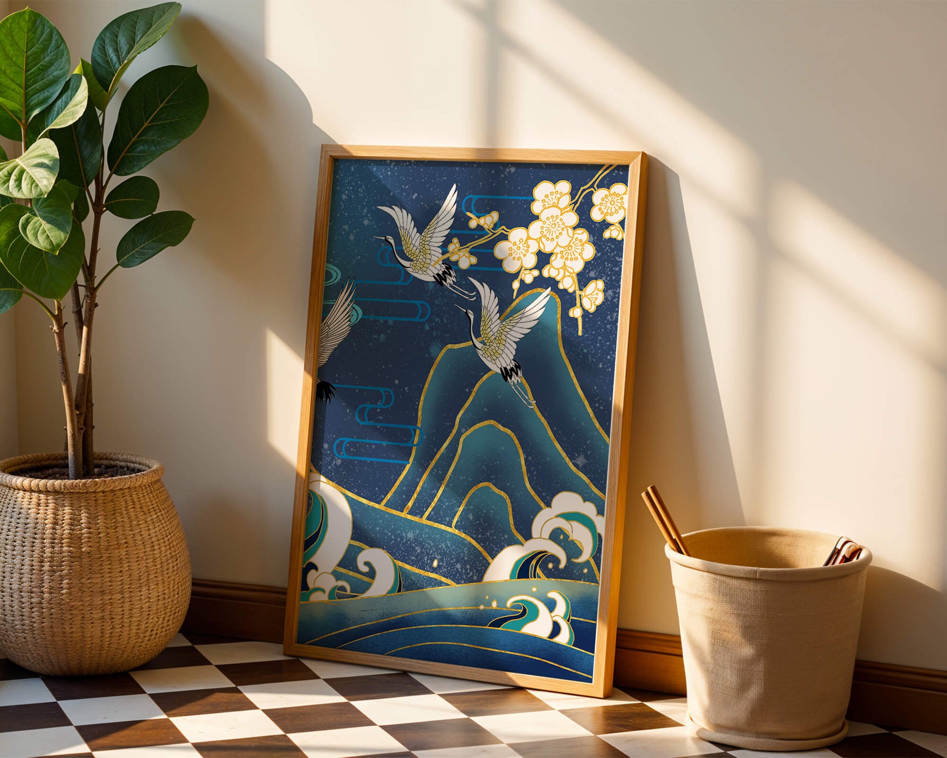 Elegant Cranes in Flight over Ocean Waves with Golden Accents and Blossoms