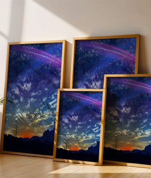 Starlit night sky with colorful sunset and silhouetted landscape