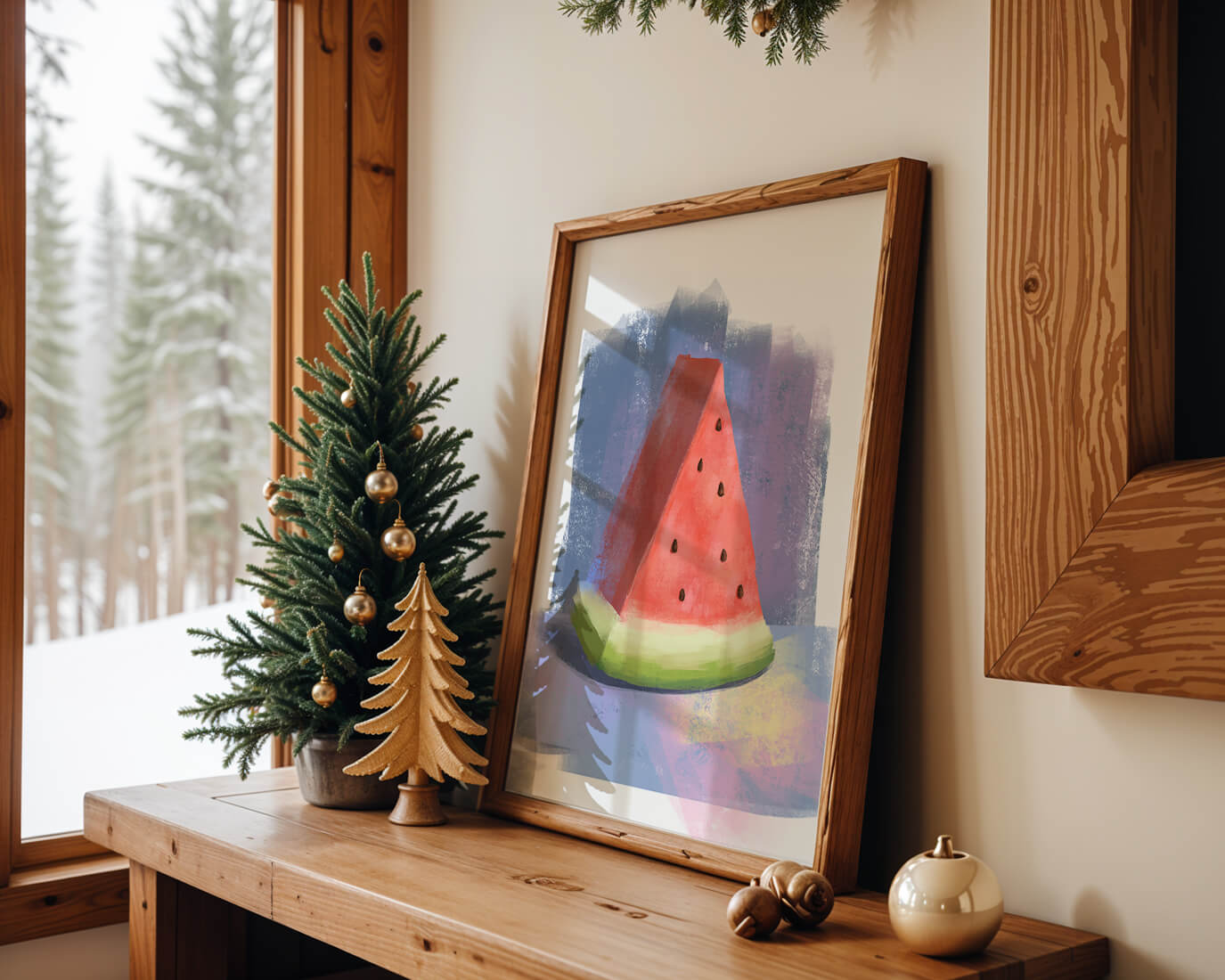 Watercolor illustration of a watermelon slice with abstract background