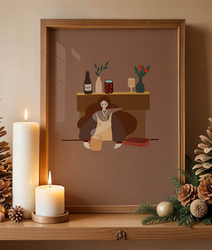 Escena acogedora con mujer junto a la chimenea y elementos decorativos