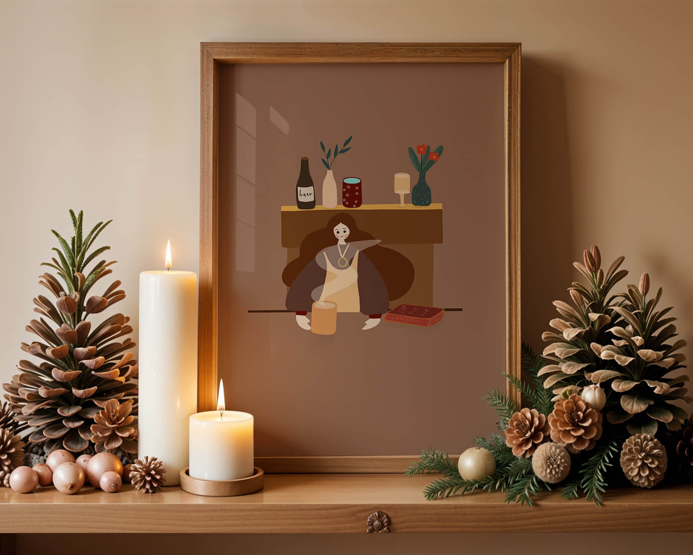 Escena acogedora con mujer junto a la chimenea y elementos decorativos