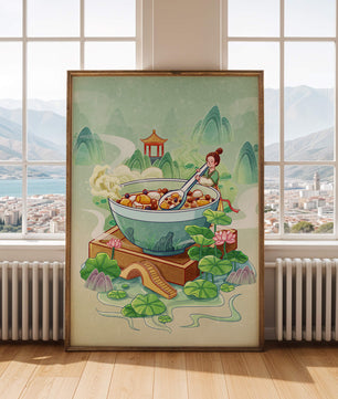 Illustration of a traditional Asian scene with large bowl and serene landscape