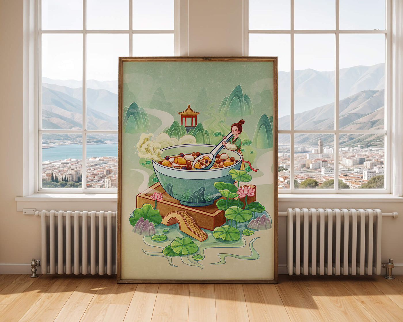 Illustration of a traditional Asian scene with large bowl and serene landscape