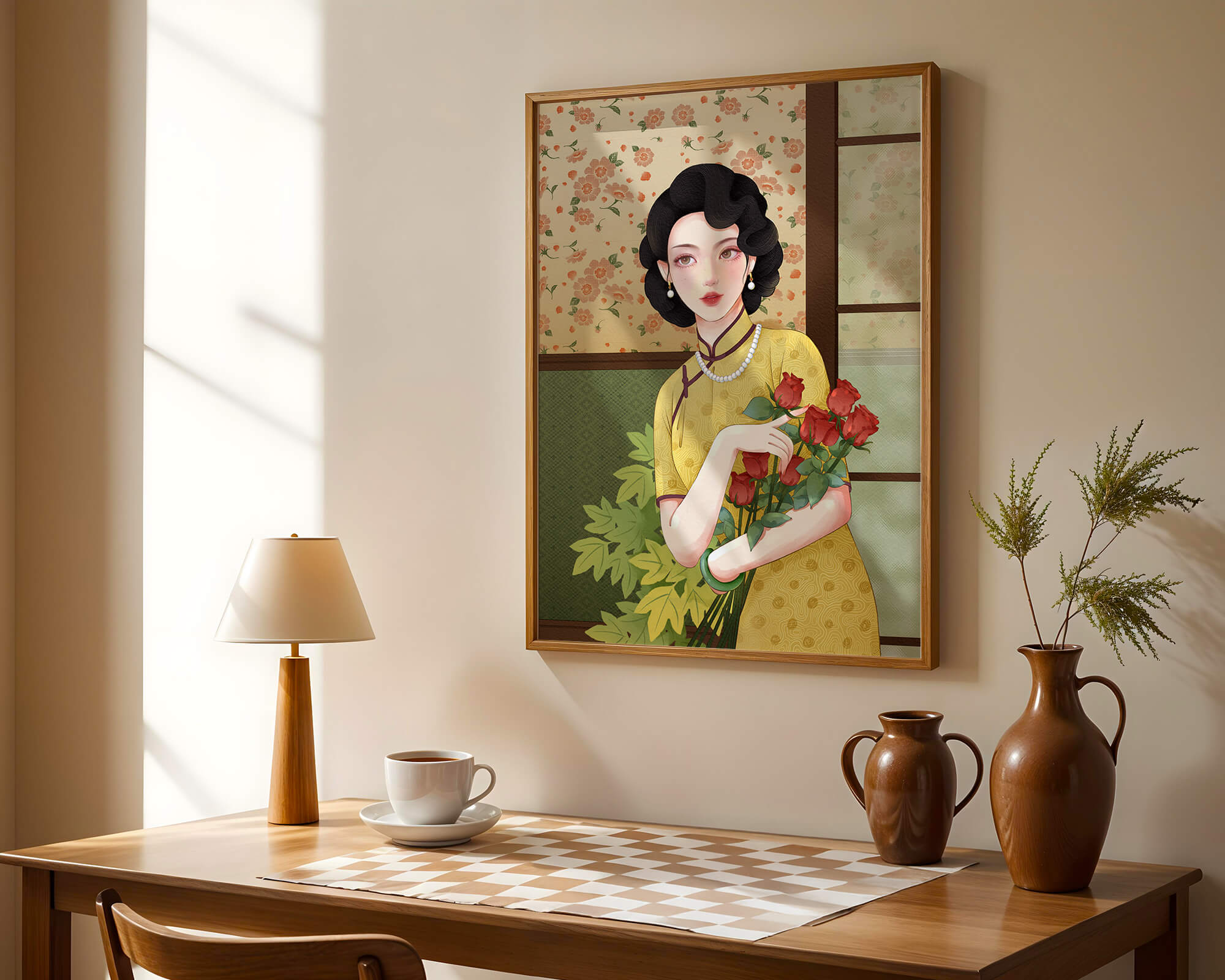 Elegant woman with floral backdrop holding a bouquet