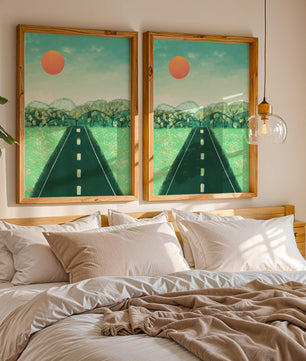 Serene Landscape with Road Leading to Sunset and Lush Greenery