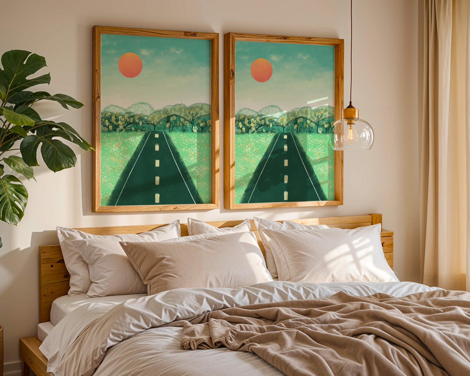 Serene Landscape with Road Leading to Sunset and Lush Greenery