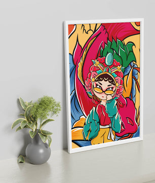 Vibrant illustration featuring a character in traditional costume with dragon elements
