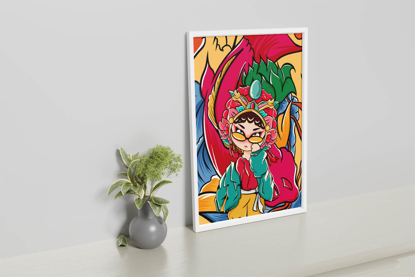 Vibrant illustration featuring a character in traditional costume with dragon elements