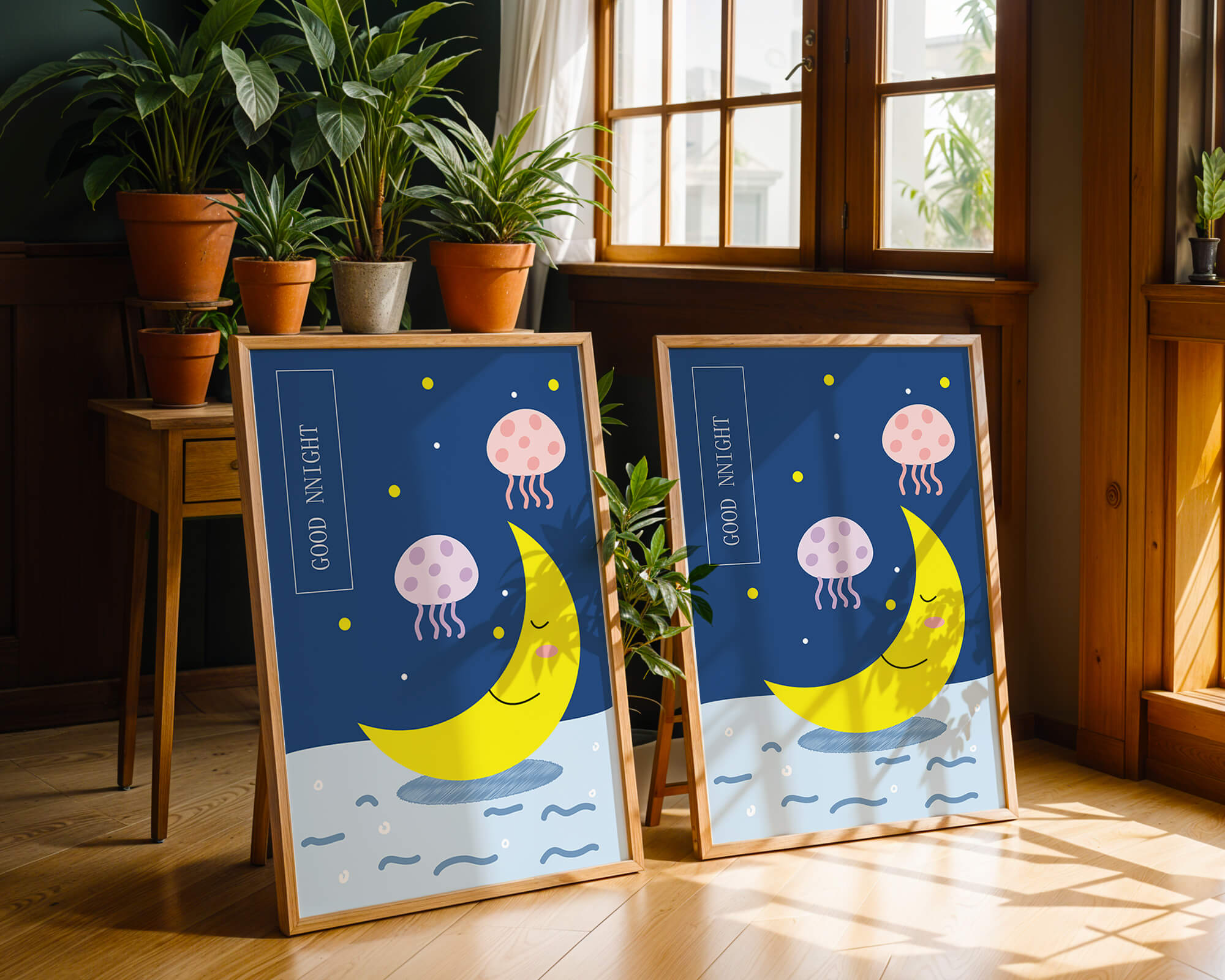 Whimsical night scene with a smiling moon and playful jellyfish