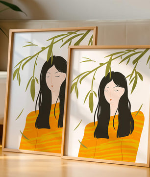 Illustration d'une femme en pull orange avec un fond de feuillage