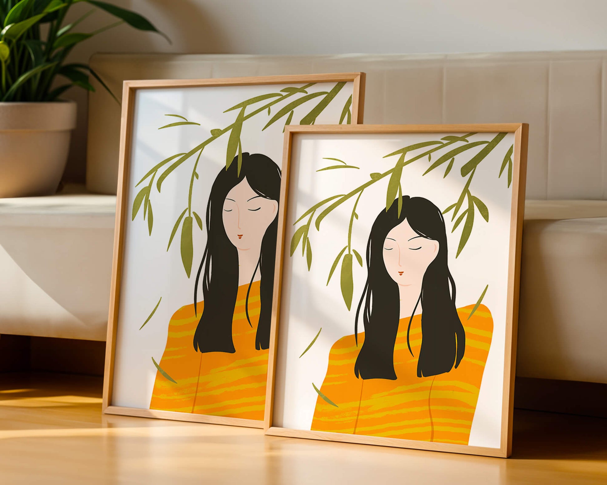 Woman in orange sweater with foliage backdrop illustration