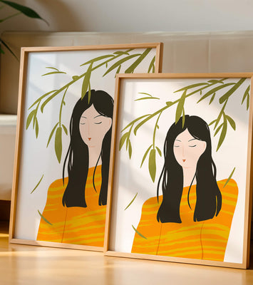 Woman in orange sweater with foliage backdrop illustration