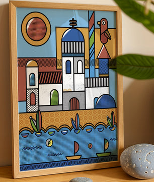 Bunte geometrische Küstendorf-Illustration mit Vögeln und Booten