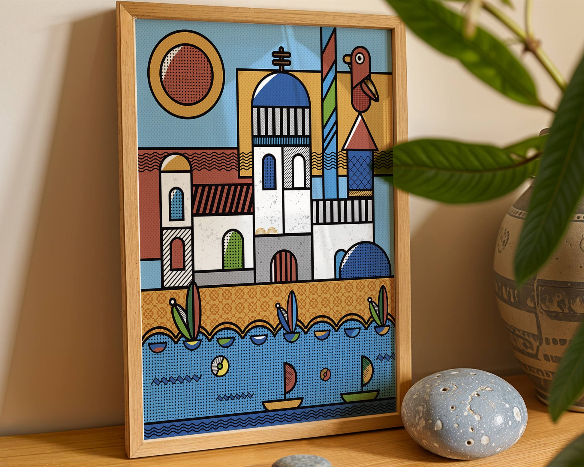 Bunte geometrische Küstendorf-Illustration mit Vögeln und Booten