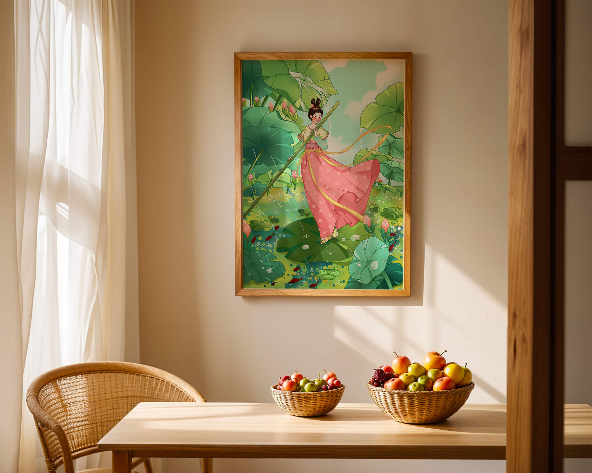 A whimsical scene of a girl in traditional dress among vibrant lotus leaves
