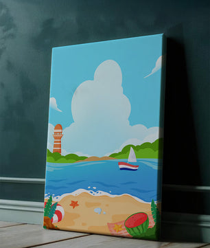 Escena costera de playa con faro y velero bajo un cielo azul claro