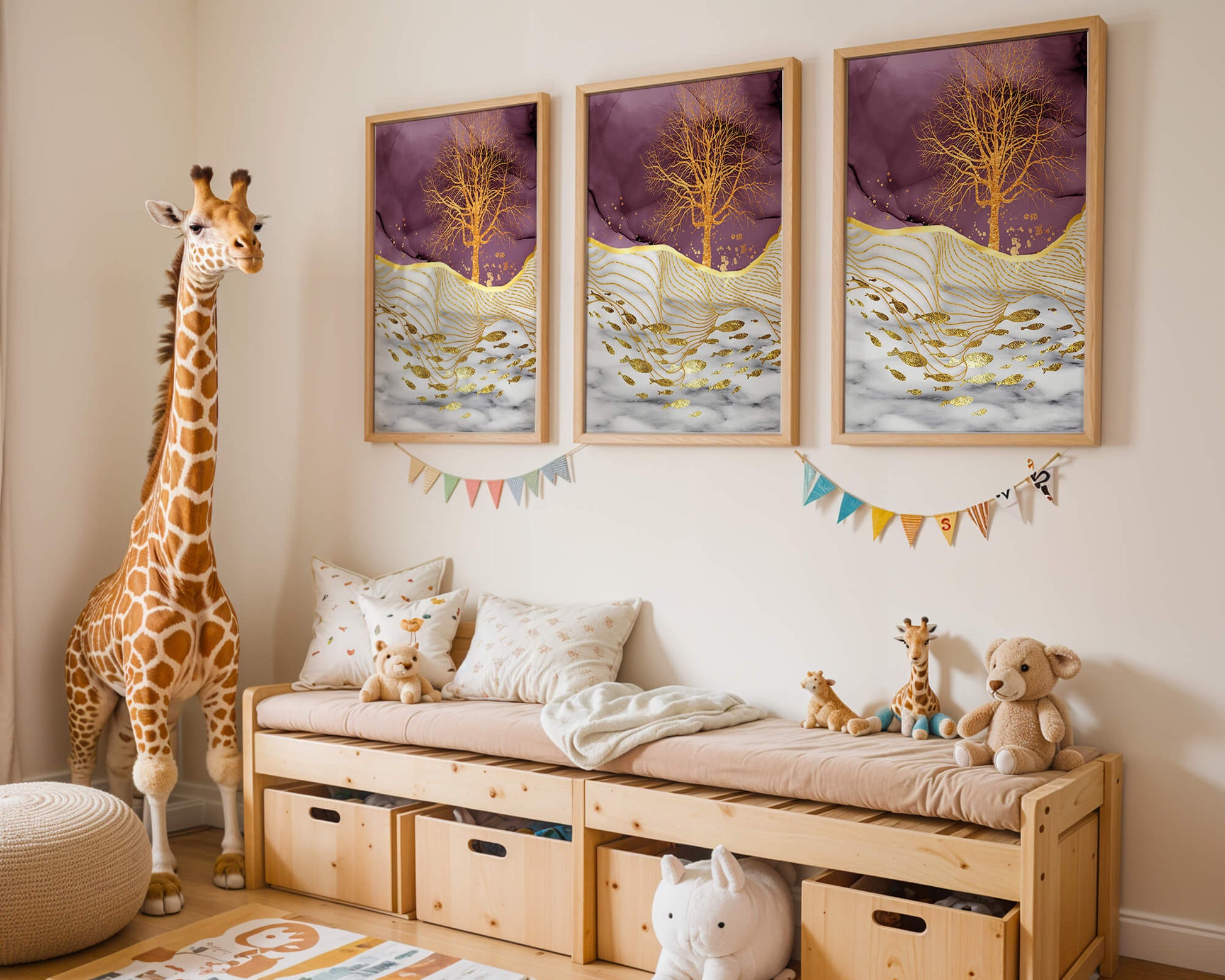 Abstract Tree with Gold Fish on Marble Background