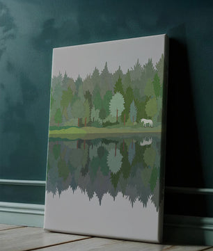 Forest landscape with a white horse and reflection in a tranquil pond
