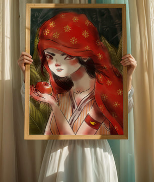 Illustration d'une fille en capuchon rouge tenant une pomme dans une forêt