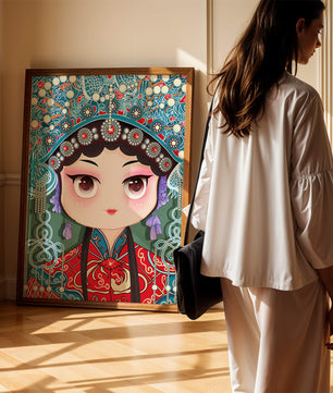 Cute Cartoon Character in Traditional Chinese Clothing with Intricate Headpiece