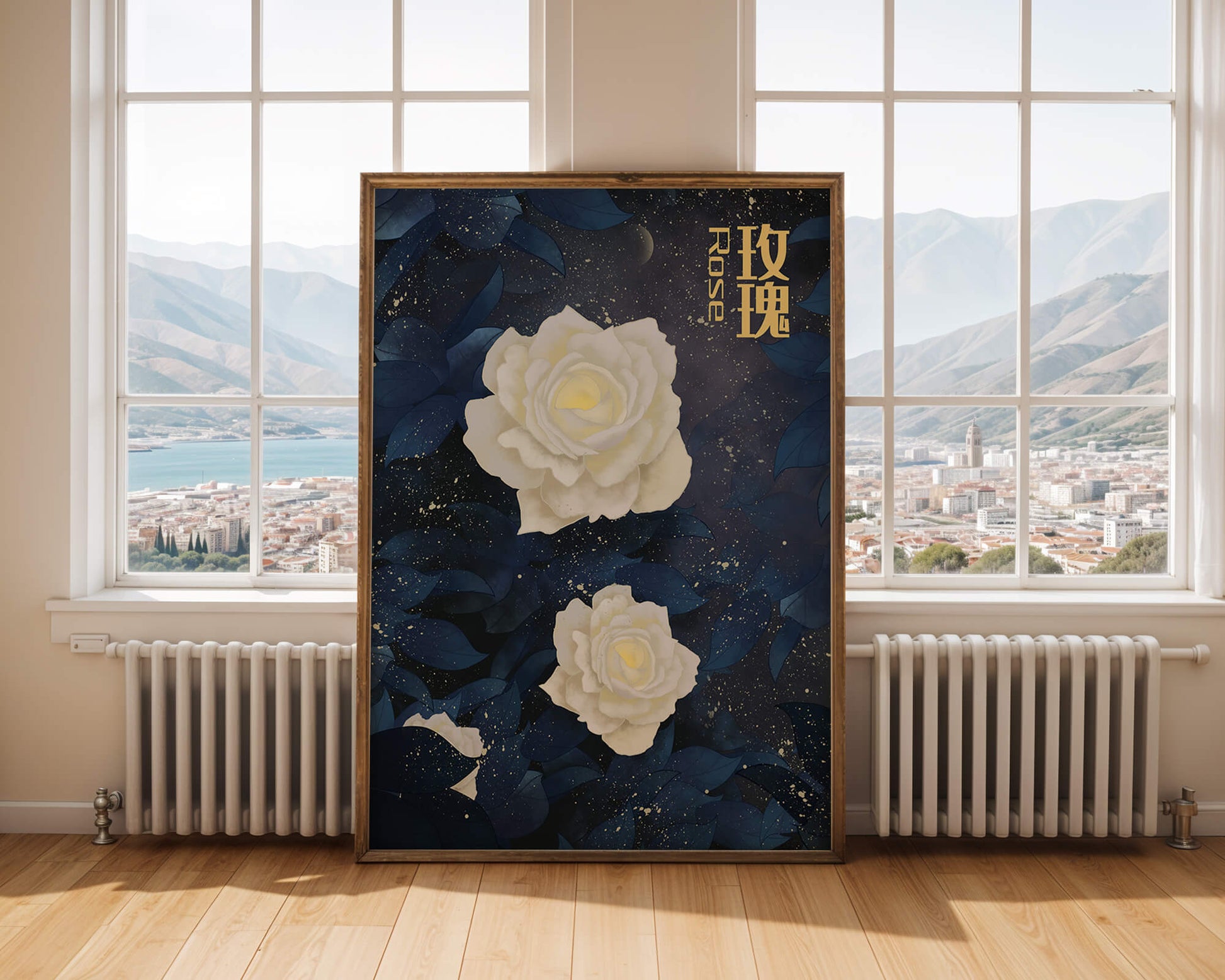 Elegant white roses on a celestial night background with deep blue leaves