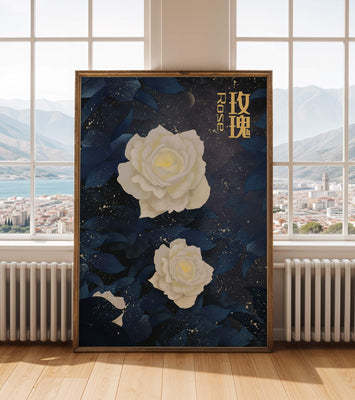 Elegant white roses on a celestial night background with deep blue leaves