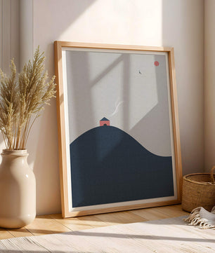 Minimalistische Landschaft mit Haus auf einem Hügel und Sonnenuntergang