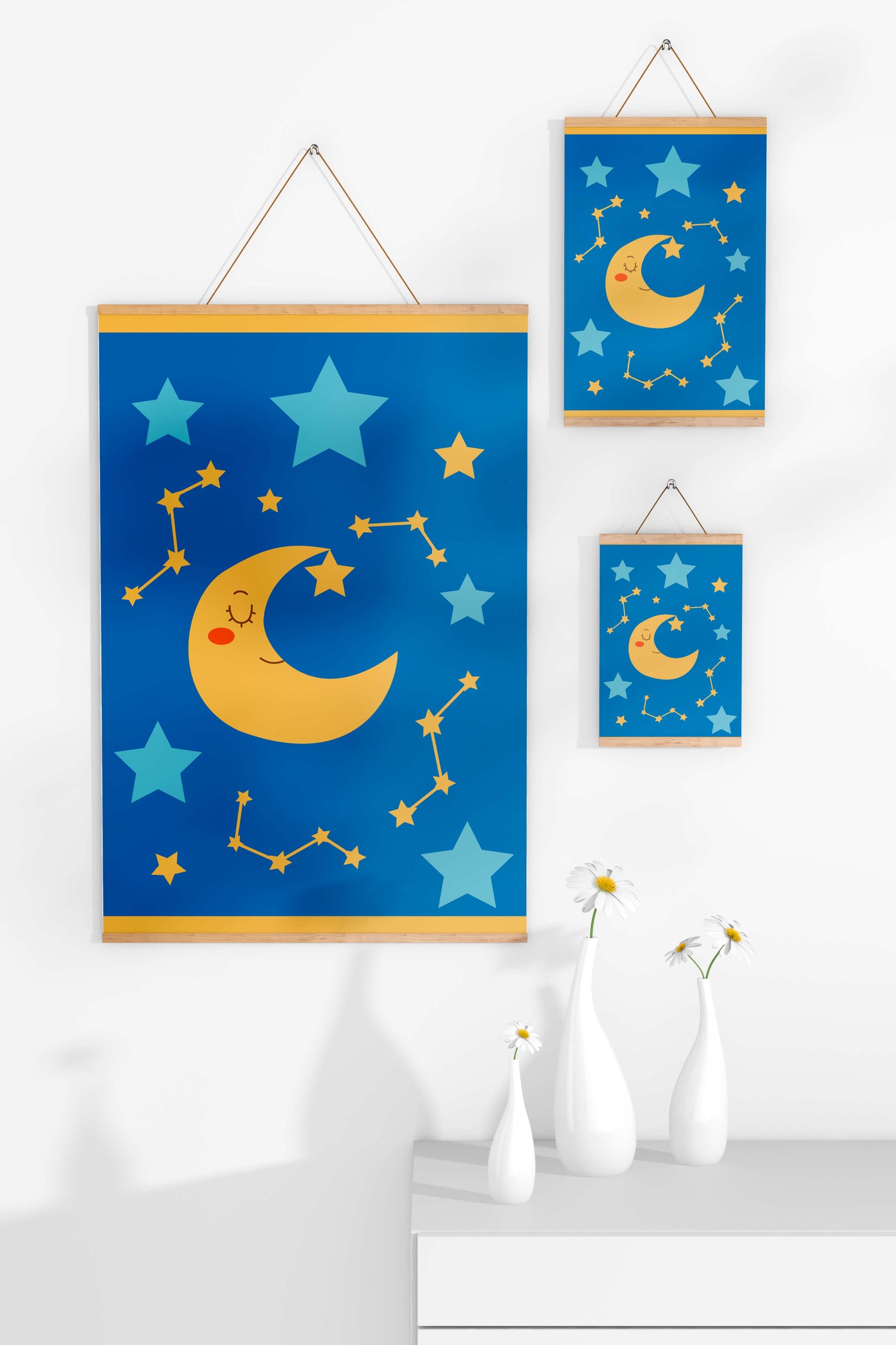 Whimsical children's room decor with smiling moon and stars