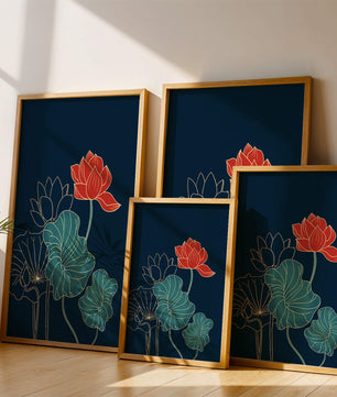 Elegant Floral Illustration with Vibrant Lotus and Gold Outlines on Dark Background