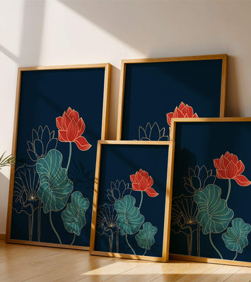 Elegant Floral Illustration with Vibrant Lotus and Gold Outlines on Dark Background