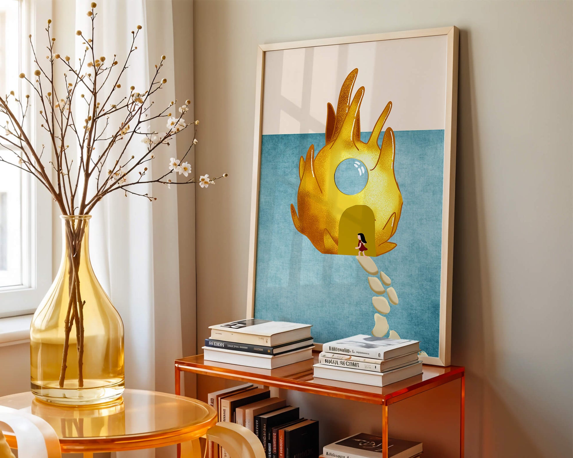 Enchanted House With Golden Flame Shape On Light Blue Background