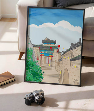 Arquitectura china tradicional con toques vibrantes y fondo escénico