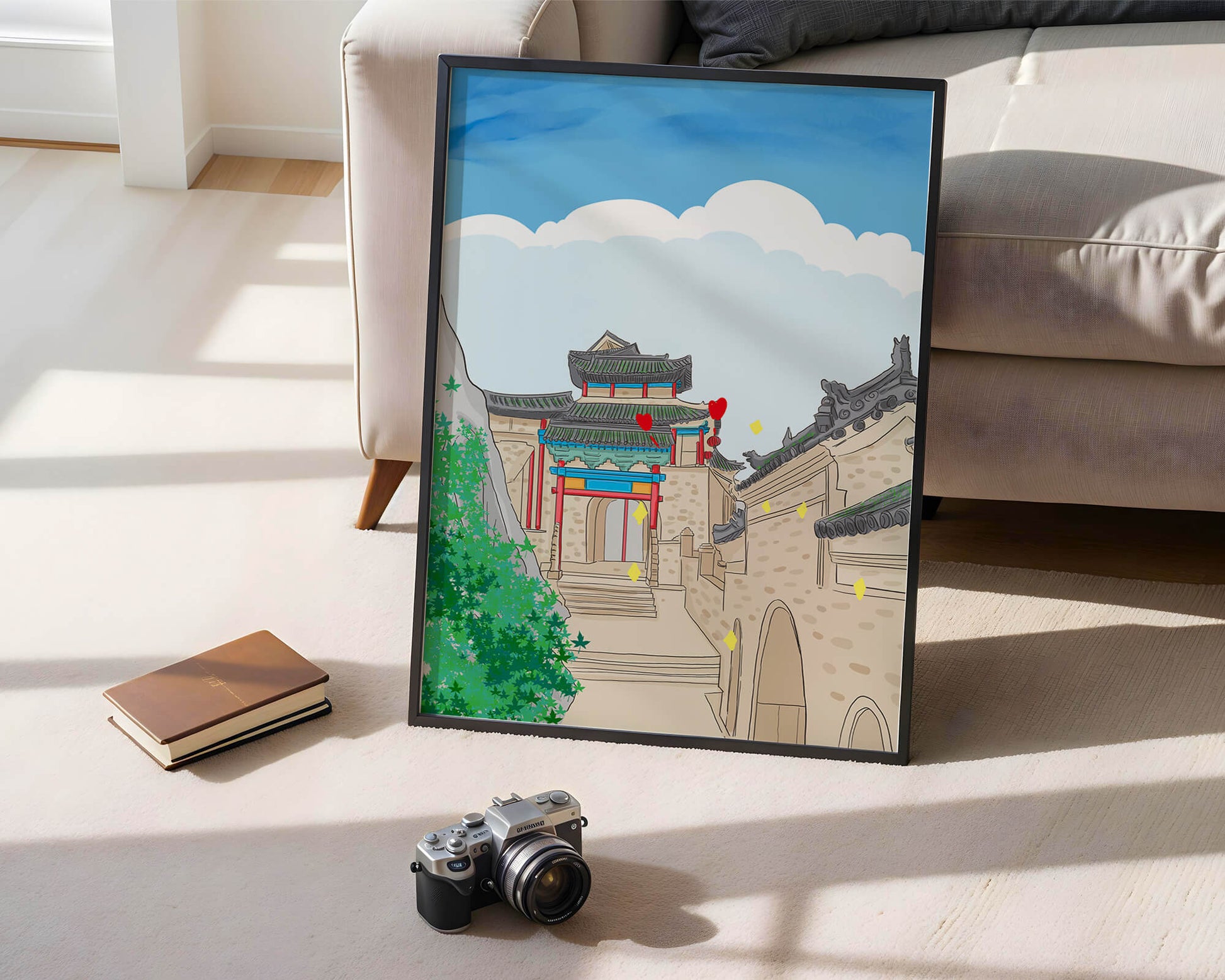 Arquitectura china tradicional con toques vibrantes y fondo escénico