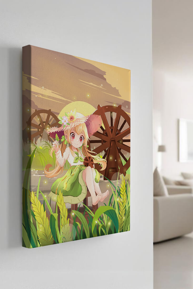 Enchanted countryside scene with a cute character and vibrant nature