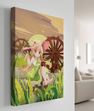 Enchanted countryside scene with a cute character and vibrant nature