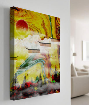 Abstract Landscape with Swirling Colors and Red Sun