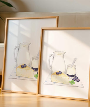 Illustration of dairy products with blueberries on polka dot cloth