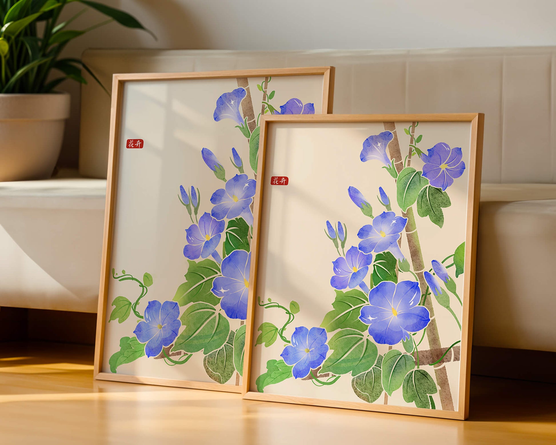 Obra floral delicada con glorias matutinas azules vibrantes