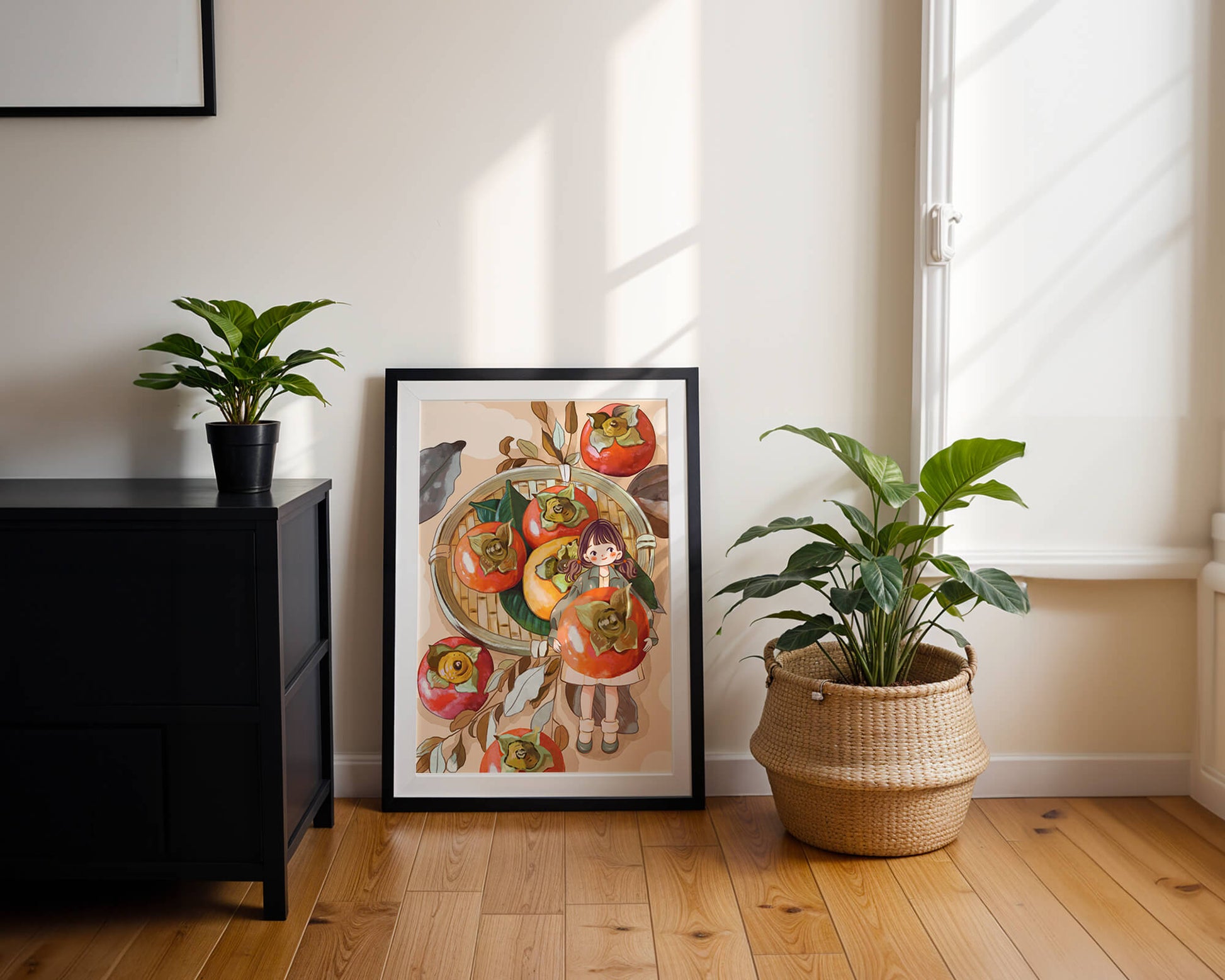 Joven sosteniendo un dátil en una escena de cosecha caprichosa